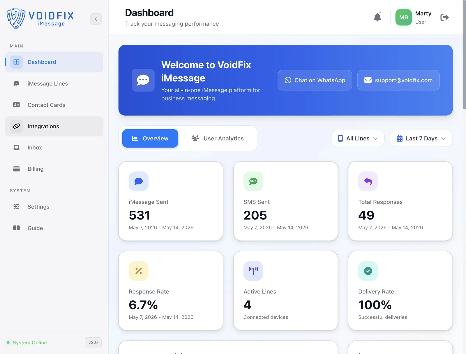 VoidFix iMessage dashboard with Integrations in the left menu