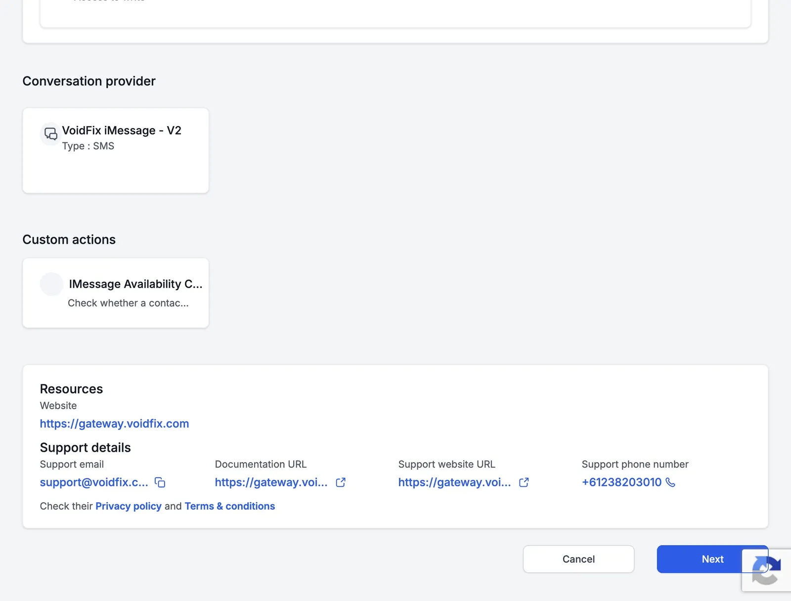 HighLevel app install page showing the VoidFix iMessage - V2 conversation provider and the Next button