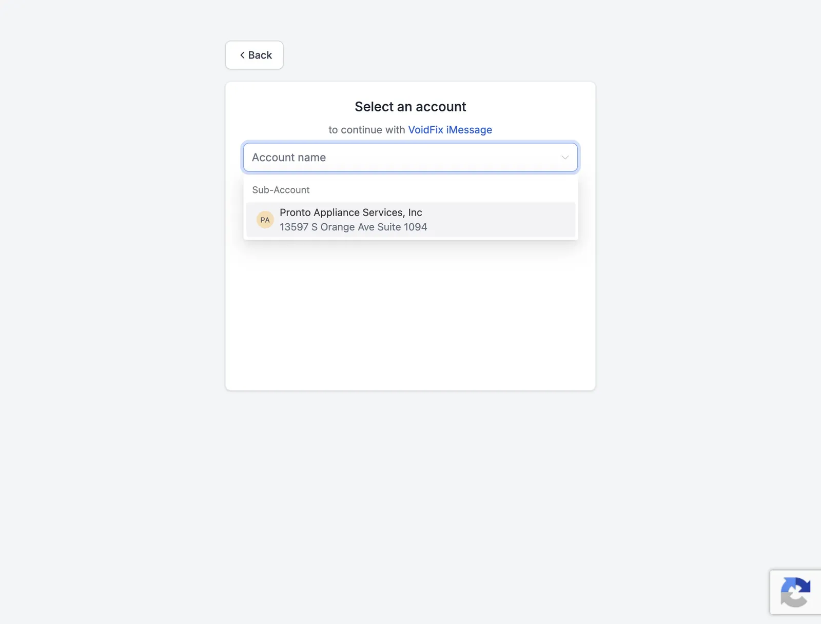 HighLevel Select an account screen with a sub-account in the Account name list