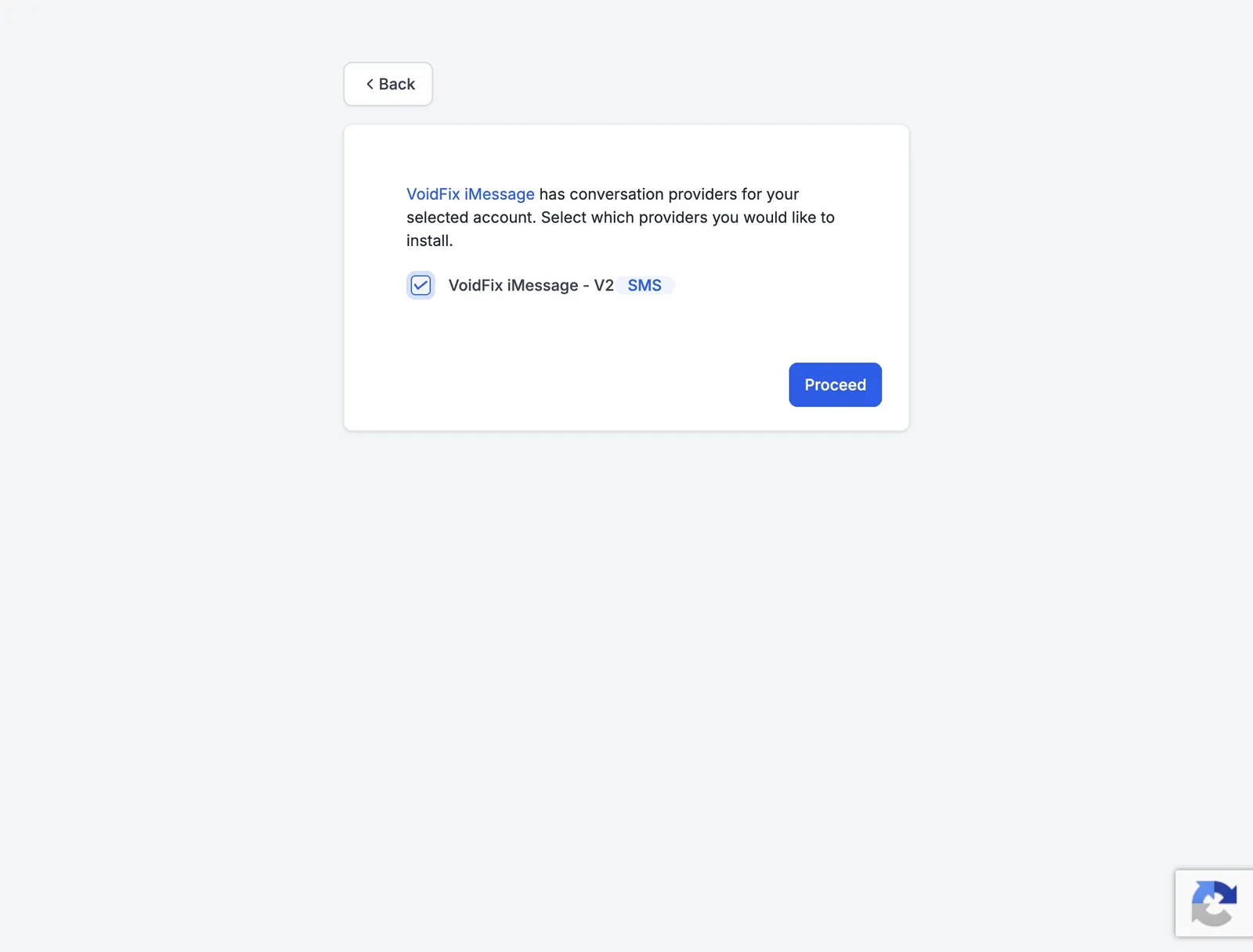 HighLevel provider list with VoidFix iMessage - V2 ticked and the Proceed button