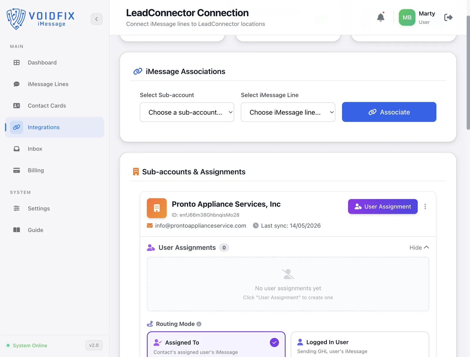 Sub-accounts and Assignments list showing the newly connected sub-account