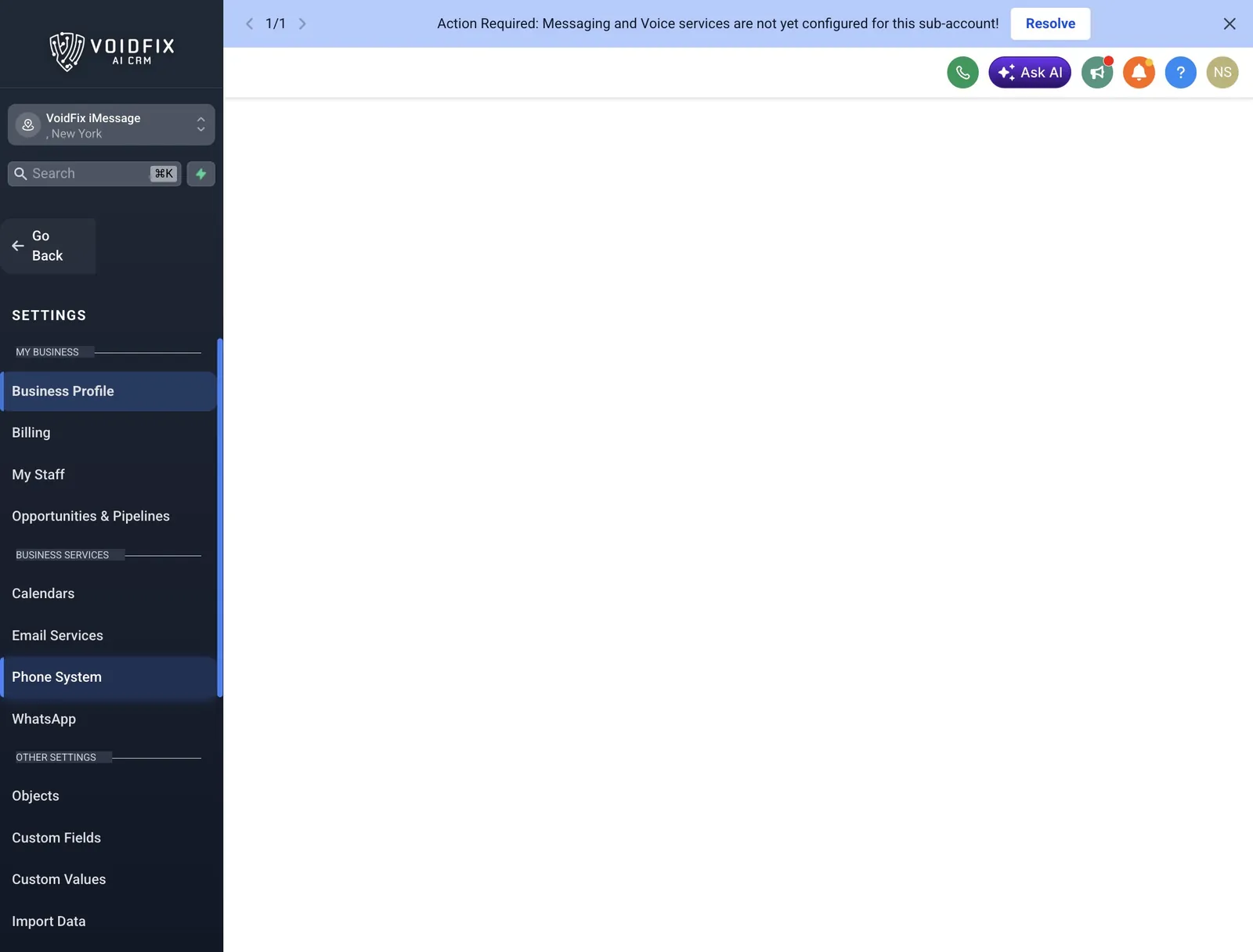 GoHighLevel sub-account settings menu with Phone System highlighted
