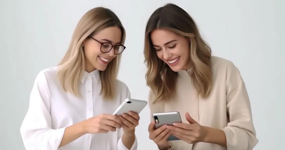 Two people smiling while texting on their phones